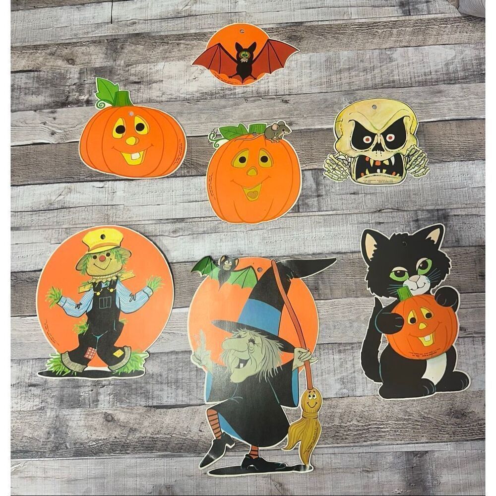 VTG Fun World Halloween Die Cut Decor Lot No 9408 Pumpkin Cat Witch 70s 80s
